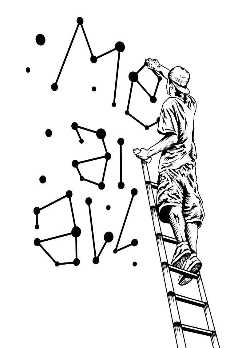 Schwarz-Weiß-Zeichnung eines anderen Sprayers, der auf einer Leiter stehend ebenfalls das Logo der me and all hotels sprüht