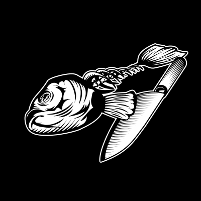Schwarz-weiß-Zeichnung: Fischskelett neben Sushi-Messer