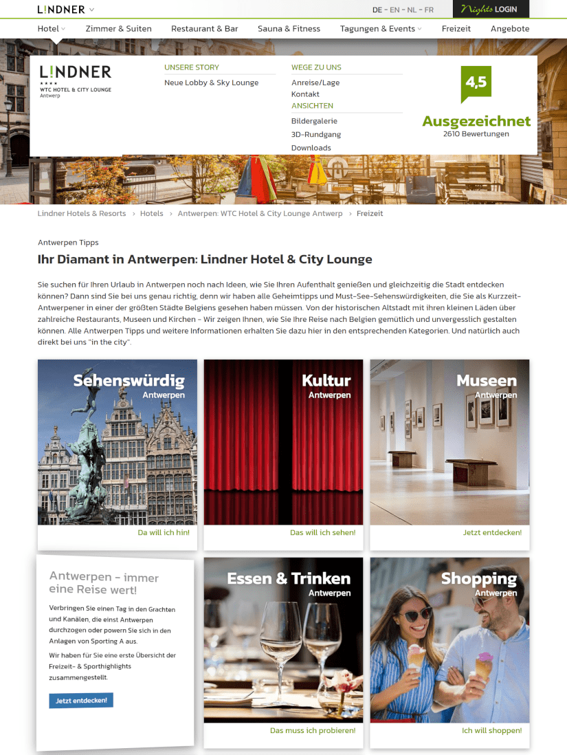 Startseite des Lindner Hotels Antwerpen mit geöffnetem Menu 'Hotel'