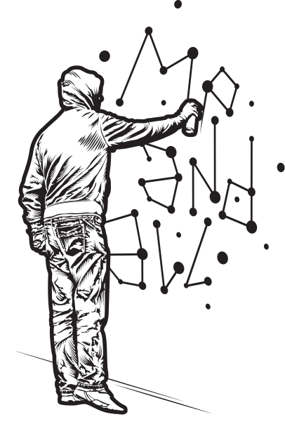Schwarz-weiß-Zeichnung: Graffity-Sprayer, der das Logo der me and all hotels an eine Wand sprüht