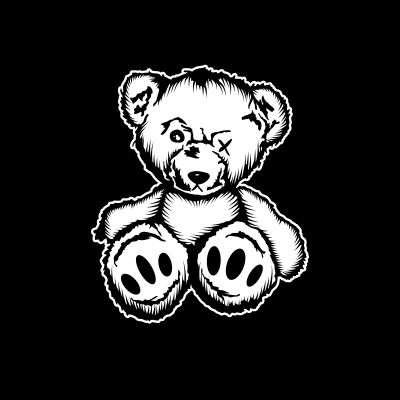 Schwarz-weiß-Zeichnung: Der sitzende Teddy von hinten