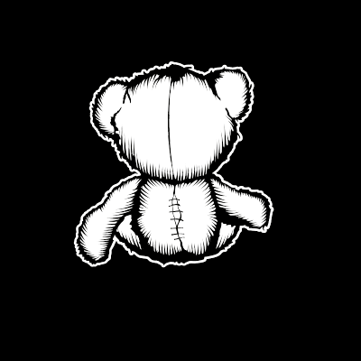 Schwarz-weiß-Zeichnung: Sitzender Teddy, ziemlich mitgenommen